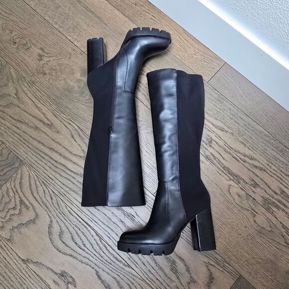 Charles David Gala Leather Tall Pointed Toe Lug Sole Block Heel Boot in Black - Picture 9 of 11